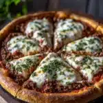 Cast iron pizza deep dish - the image is of a freshly baked pizza on a wooden cutting board. the pizza has a golden brown crust and is topped with melted white cheese and fresh herbs. the cheese is spread evenly over the top of the pizza, creating a zigzag pattern. the toppings are made with ground beef, tomato sauce, and other ingredients, and are arranged in a circular pattern around the edges of the crust. the background is blurred, but it appears to be a rustic wooden table with a few sprigs of fresh herbs scattered around.