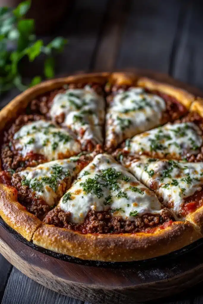 Cast iron pizza deep dish - the image is of a freshly baked pizza on a wooden cutting board. the pizza has a golden brown crust and is topped with melted white cheese and fresh herbs. the cheese is spread evenly over the top of the pizza, creating a zigzag pattern. the toppings are made with ground beef, tomato sauce, and other ingredients, and are arranged in a circular pattern around the edges of the crust. the background is blurred, but it appears to be a rustic wooden table with a few sprigs of fresh herbs scattered around.