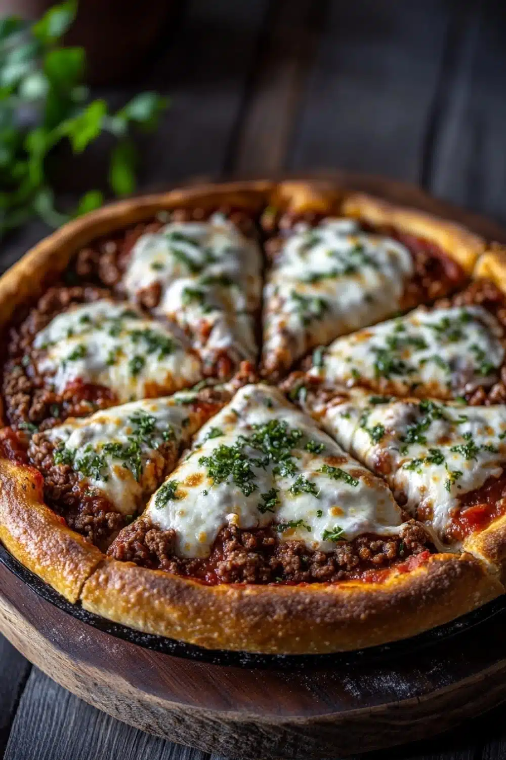 Cast iron pizza deep dish - the image is of a freshly baked pizza on a wooden cutting board. the pizza has a golden brown crust and is topped with melted white cheese and fresh herbs. the cheese is spread evenly over the top of the pizza, creating a zigzag pattern. the toppings are made with ground beef, tomato sauce, and other ingredients, and are arranged in a circular pattern around the edges of the crust. the background is blurred, but it appears to be a rustic wooden table with a few sprigs of fresh herbs scattered around.