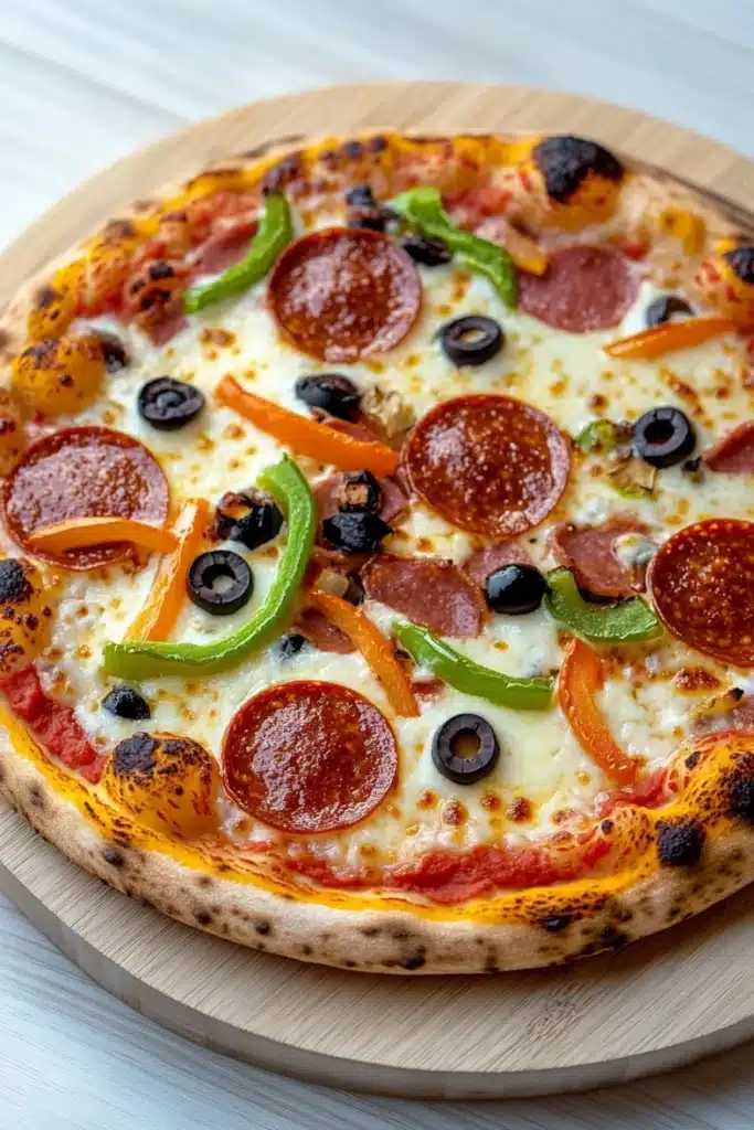 Cast iron pizza on the grill - the image is of a pepperoni pizza on a wooden cutting board. the pizza is round and has a golden brown crust. it is topped with melted cheese, sliced pepperoni, green bell peppers, and black olives. the pepperoni is arranged in a circular pattern, with some overlapping each other. the olives are scattered throughout the pizza, adding a pop of color to the dish. the background is a white wooden table.