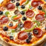 Cast iron pizza on the grill - the image is of a pepperoni pizza on a wooden cutting board. the pizza is round and has a golden brown crust. it is topped with a generous amount of pepperoni, sliced green bell peppers, and black olives. the pepperoni is arranged in a circular pattern, with some overlapping each other. the olives are scattered throughout the pizza, adding a pop of color to the dish. the background is a white marble countertop.