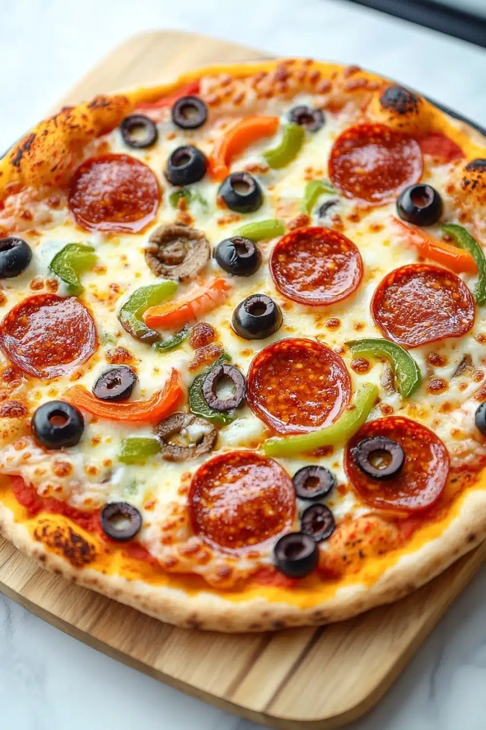 Cast iron pizza on the grill - the image is of a pepperoni pizza on a wooden cutting board. the pizza is round and has a golden brown crust. it is topped with a generous amount of pepperoni, sliced green bell peppers, and black olives. the pepperoni is arranged in a circular pattern, with some overlapping each other. the olives are scattered throughout the pizza, adding a pop of color to the dish. the background is a white marble countertop.