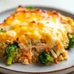 Cheesy chicken and quinoa casserole - the image shows a plate of food with a slice taken out of it. the dish appears to be a casserole or lasagna, with a layer of melted cheese on top. the cheese is golden brown and bubbly, and it is spread evenly over the top of the dish. there are also pieces of broccoli and carrots scattered throughout the dish, adding a pop of color and texture. the plate is white with a light blue rim, and there are a few more broccoli florets visible in the background.