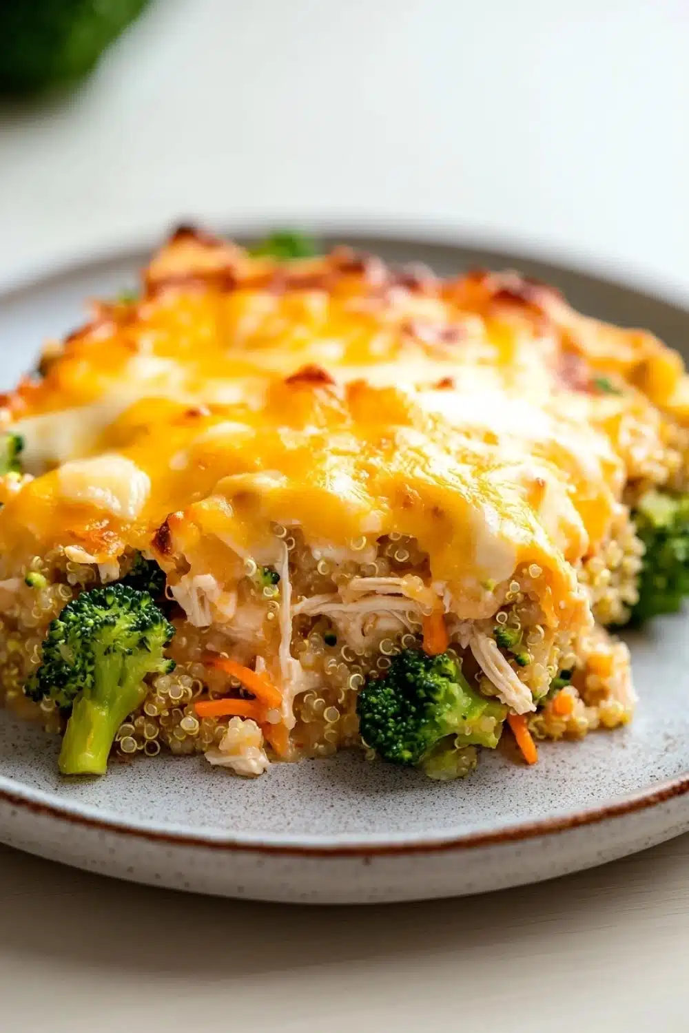 Cheesy chicken and quinoa casserole - the image shows a plate of food with a slice taken out of it. the dish appears to be a casserole or lasagna, with a layer of melted cheese on top. the cheese is golden brown and bubbly, and it is spread evenly over the top of the dish. there are also pieces of broccoli and carrots scattered throughout the dish, adding a pop of color and texture. the plate is white with a light blue rim, and there are a few more broccoli florets visible in the background.