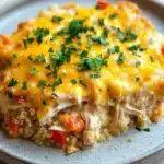 Cheesy chicken and quinoa casserole - the image shows a close-up of a dish on a white plate. the dish appears to be a casserole or lasagna, with a layer of melted cheese on top. the cheese is a bright yellow color and is spread evenly over the top of the dish. there are small chunks of red bell peppers scattered throughout the dish, adding a pop of color. the plate is sitting on a wooden table, and the background is blurred, making the dish the focal point of the image.