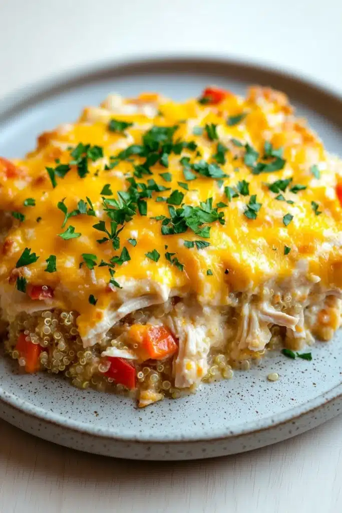 Cheesy chicken and quinoa casserole - the image shows a close-up of a dish on a white plate. the dish appears to be a casserole or lasagna, with a layer of melted cheese on top. the cheese is a bright yellow color and is spread evenly over the top of the dish. there are small chunks of red bell peppers scattered throughout the dish, adding a pop of color. the plate is sitting on a wooden table, and the background is blurred, making the dish the focal point of the image.