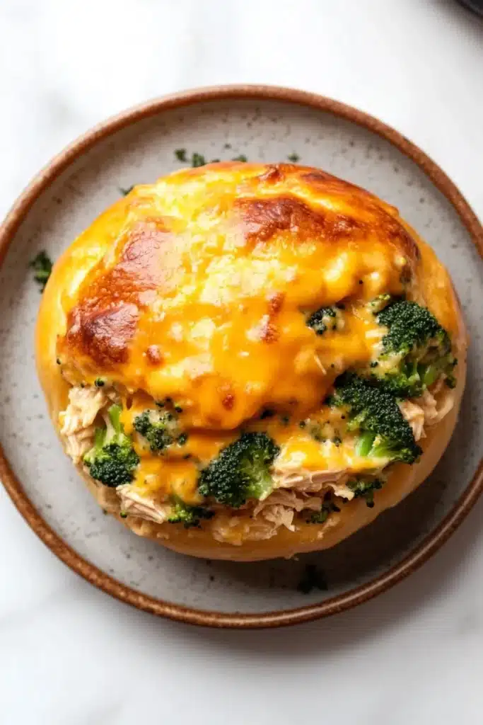 Cheesy chicken broccoli casserole buns in my oven - the image shows a round, golden-brown bread roll on a white marble countertop. the bread roll is topped with a layer of melted cheese and chunks of chicken and broccoli. the cheese is melted and bubbly, and the broccoli is bright green. the dish appears to be freshly baked and ready to eat.