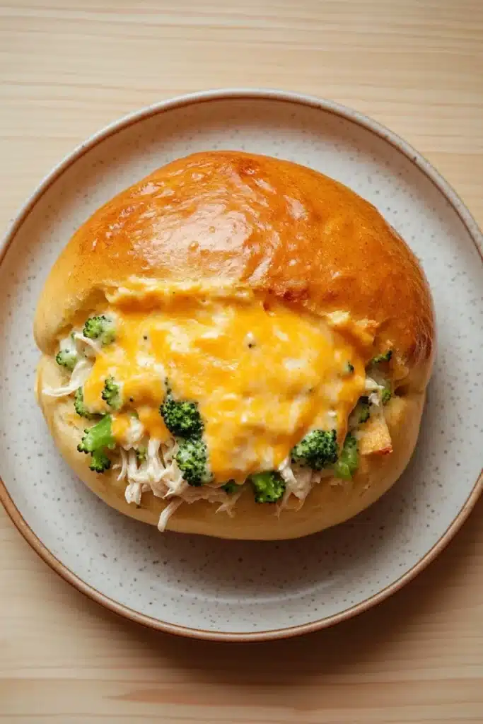Cheesy chicken broccoli casserole buns in my oven - the image shows a round plate with a sandwich on it. the sandwich is made with a golden brown bun and is topped with melted cheese and broccoli. the cheese is yellow and appears to be melted and bubbly. the broccoli is cut into small pieces and is scattered throughout the sandwich. the plate is white with a light brown speckled pattern. the background is a wooden table.