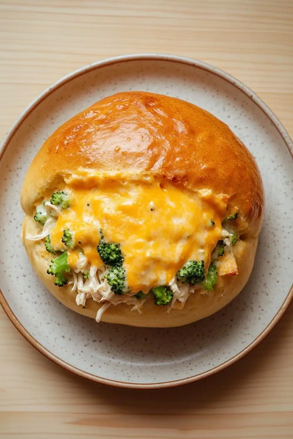 Cheesy chicken broccoli casserole buns in my oven - the image shows a round plate with a sandwich on it. the sandwich is made with a golden brown bun and is topped with melted cheese and broccoli. the cheese is yellow and appears to be melted and bubbly. the broccoli is cut into small pieces and is scattered throughout the sandwich. the plate is white with a light brown speckled pattern. the background is a wooden table.