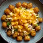 Cheesy chicken tater tot casserole oven - the image shows a plate of food on a wooden table. the plate is round and has a light blue rim. on top of the plate, there is a serving of tater tots, which are golden brown and appear to be crispy on the outside. the tater is covered in melted cheese, which is a yellowish-orange color and is drizzled over the top. there are also small pieces of shredded chicken and green onions scattered throughout the dish. the dish looks appetizing and ready to eat.