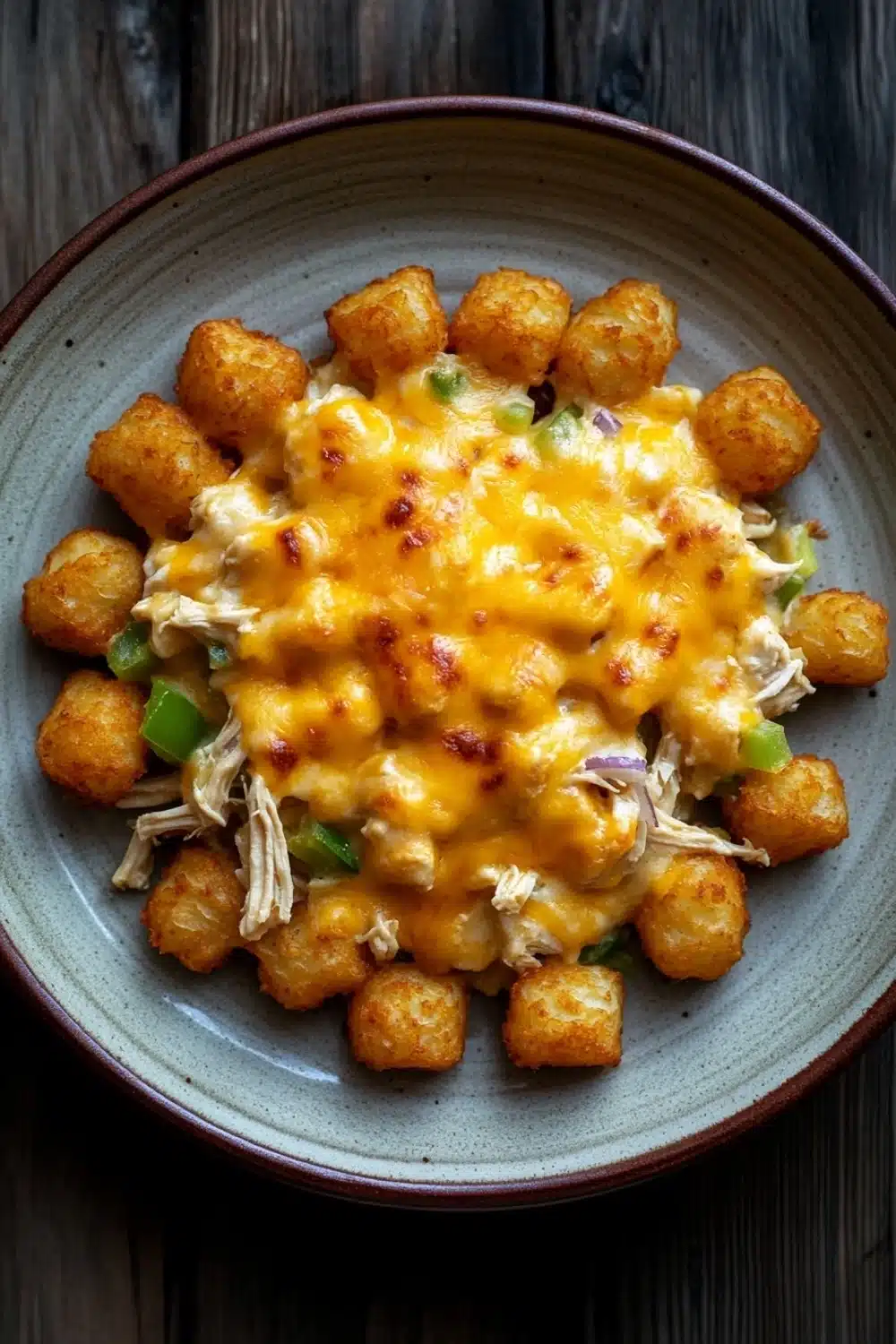 Cheesy chicken tater tot casserole oven - the image shows a plate of food on a wooden table. the plate is round and has a light blue rim. on top of the plate, there is a serving of tater tots, which are golden brown and appear to be crispy on the outside. the tater is covered in melted cheese, which is a yellowish-orange color and is drizzled over the top. there are also small pieces of shredded chicken and green onions scattered throughout the dish. the dish looks appetizing and ready to eat.