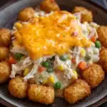 Cheesy chicken tater tot casserole oven - the image shows a plate of food with a serving of chicken and rice casserole. the dish is made up of shredded chicken, corn, peas, carrots, and other vegetables, all covered in a layer of melted cheese. the plate is brown and has a few croutons scattered around it. the background is blurred, but it appears to be a wooden table with a fork resting on the side.