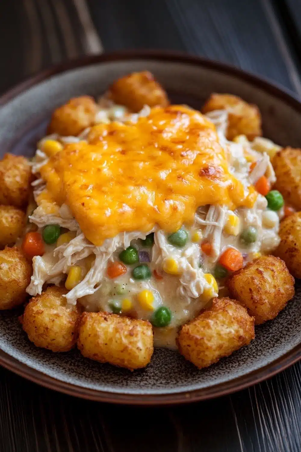 Cheesy chicken tater tot casserole oven - the image shows a plate of food with a serving of chicken and rice casserole. the dish is made up of shredded chicken, corn, peas, carrots, and other vegetables, all covered in a layer of melted cheese. the plate is brown and has a few croutons scattered around it. the background is blurred, but it appears to be a wooden table with a fork resting on the side.