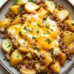 Cheesy ground beef and potatoes skillet - the image is a close-up of a plate of food. the plate is round and has a light brown color. the food appears to be a dish made with potatoes, ground beef, and a creamy sauce. the potatoes are cut into small cubes and are arranged in a pile on top of the ground beef. the sauce is a bright yellow color and is drizzled over the top. there are also some chopped herbs scattered around the plate, adding a pop of green color to the dish. the background is a white marble countertop.