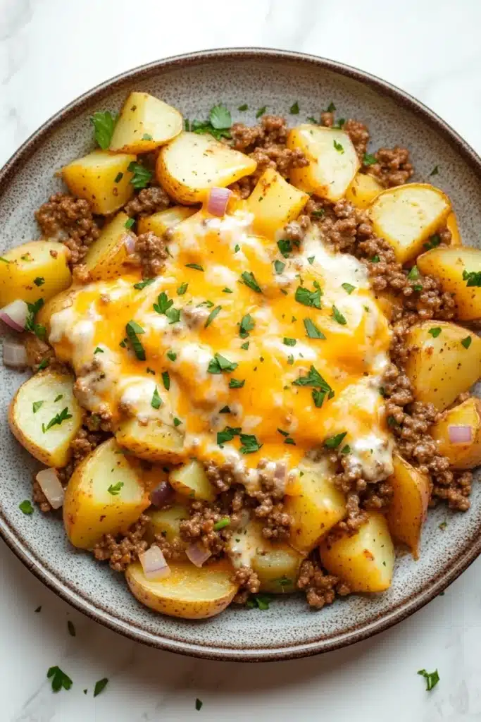 Cheesy ground beef and potatoes skillet - the image is a close-up of a plate of food. the plate is round and has a light brown color. the food appears to be a dish made with potatoes, ground beef, and a creamy sauce. the potatoes are cut into small cubes and are arranged in a pile on top of the ground beef. the sauce is a bright yellow color and is drizzled over the top. there are also some chopped herbs scattered around the plate, adding a pop of green color to the dish. the background is a white marble countertop.