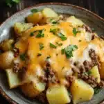 Cheesy ground beef and potatoes skillet - the image is a close-up of a plate of food. the plate is made of ceramic and has a brown rim. on top of the plate, there is a layer of melted cheese, which is a bright yellow color. the cheese is spread evenly over the top and is drizzled over the ground meat, which appears to be ground beef or ground beef. there are also a few small pieces of potatoes scattered around the plate. the dish is garnished with a sprig of fresh parsley. the background is a dark wooden table.