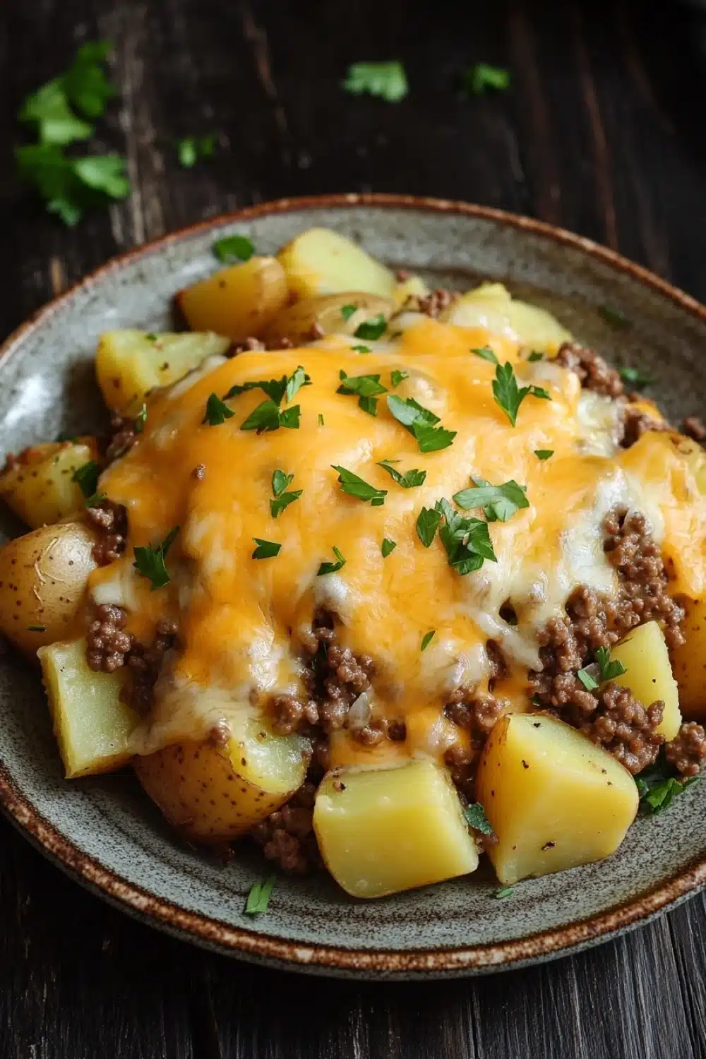 Cheesy ground beef and potatoes skillet - the image is a close-up of a plate of food. the plate is made of ceramic and has a brown rim. on top of the plate, there is a layer of melted cheese, which is a bright yellow color. the cheese is spread evenly over the top and is drizzled over the ground meat, which appears to be ground beef or ground beef. there are also a few small pieces of potatoes scattered around the plate. the dish is garnished with a sprig of fresh parsley. the background is a dark wooden table.