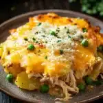Cheesy potato casserole with chicken - the image shows a close-up of a dish on a brown plate. the dish appears to be a casserole or lasagna, with a layer of melted cheese on top. the cheese is golden brown and bubbly, and it is sprinkled with chopped green herbs. there are also chunks of chicken and potatoes scattered throughout the dish. the plate is sitting on a dark wooden table, and there are a few sprigs of parsley scattered around the plate.