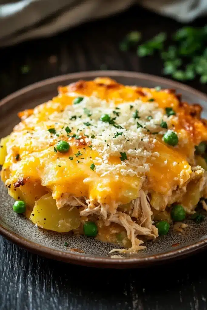Cheesy potato casserole with chicken - the image shows a close-up of a dish on a brown plate. the dish appears to be a casserole or lasagna, with a layer of melted cheese on top. the cheese is golden brown and bubbly, and it is sprinkled with chopped green herbs. there are also chunks of chicken and potatoes scattered throughout the dish. the plate is sitting on a dark wooden table, and there are a few sprigs of parsley scattered around the plate.