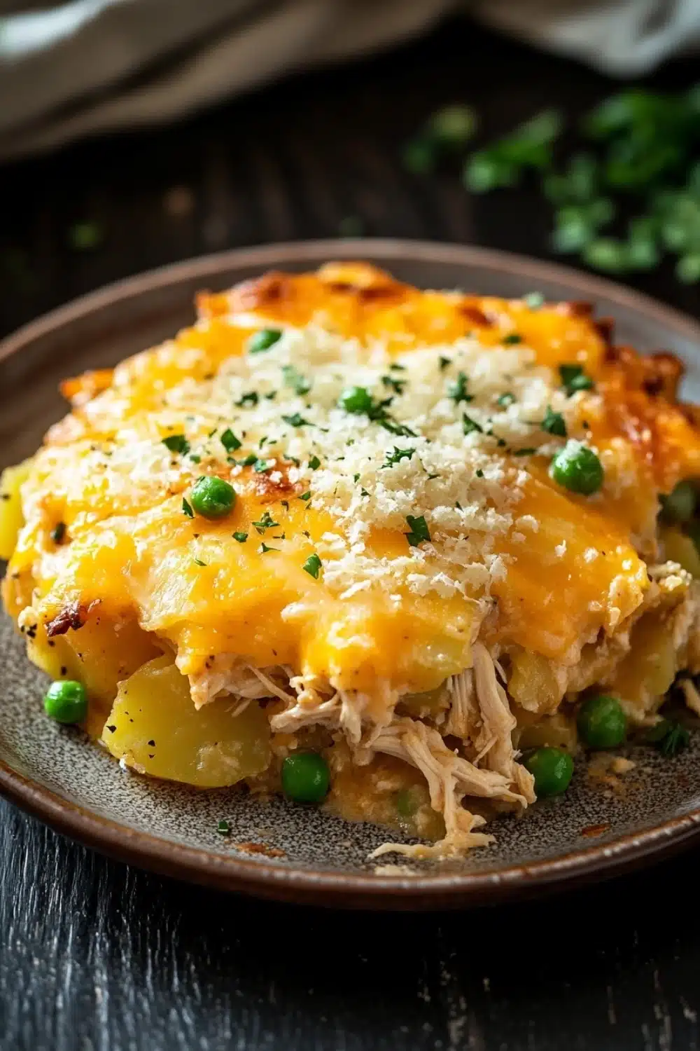 Cheesy potato casserole with chicken - the image shows a close-up of a dish on a brown plate. the dish appears to be a casserole or lasagna, with a layer of melted cheese on top. the cheese is golden brown and bubbly, and it is sprinkled with chopped green herbs. there are also chunks of chicken and potatoes scattered throughout the dish. the plate is sitting on a dark wooden table, and there are a few sprigs of parsley scattered around the plate.