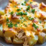 Cheesy potato casserole with chicken - the image shows a plate of food with a serving of baked potatoes. the potatoes are golden brown and appear to be seasoned with herbs and spices. on top of the potatoes, there is a layer of melted cheese with chunks of chicken and herbs scattered on top. the dish is garnished with a sprig of fresh parsley. the plate is sitting on a wooden table with a blurred background.