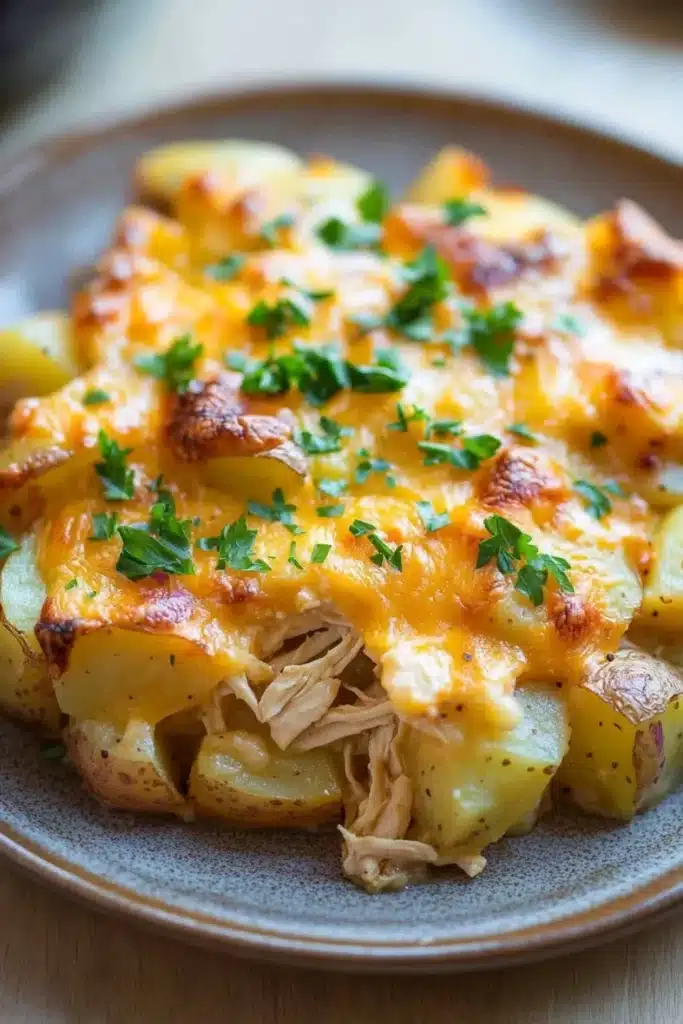Cheesy potato casserole with chicken - the image shows a plate of food with a serving of baked potatoes. the potatoes are golden brown and appear to be seasoned with herbs and spices. on top of the potatoes, there is a layer of melted cheese with chunks of chicken and herbs scattered on top. the dish is garnished with a sprig of fresh parsley. the plate is sitting on a wooden table with a blurred background.