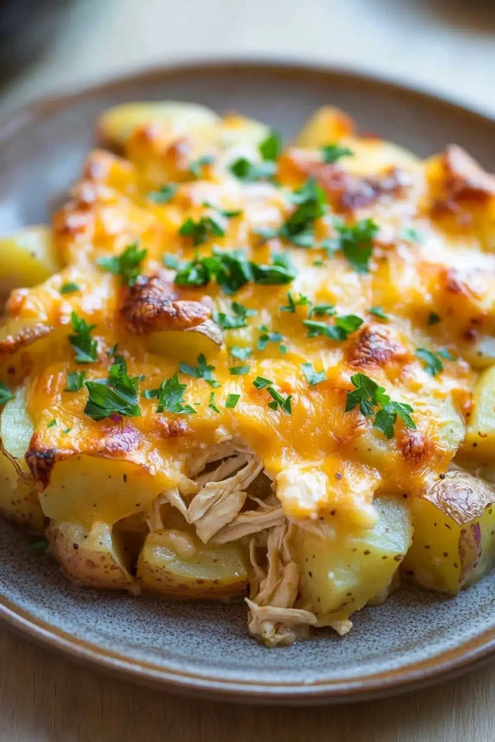 Cheesy potato casserole with chicken - the image shows a plate of food with a serving of baked potatoes. the potatoes are golden brown and appear to be seasoned with herbs and spices. on top of the potatoes, there is a layer of melted cheese with chunks of chicken and herbs scattered on top. the dish is garnished with a sprig of fresh parsley. the plate is sitting on a wooden table with a blurred background.