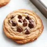 Chewy chocolate chip cookie - the image shows two freshly baked chocolate chip cookies on a baking tray. the cookies are round and golden brown in color, with chocolate chips scattered throughout. the tray is lined with parchment paper, and there is a metal rolling pin on the right side of the image. the background is blurred, but it appears to be a kitchen countertop.