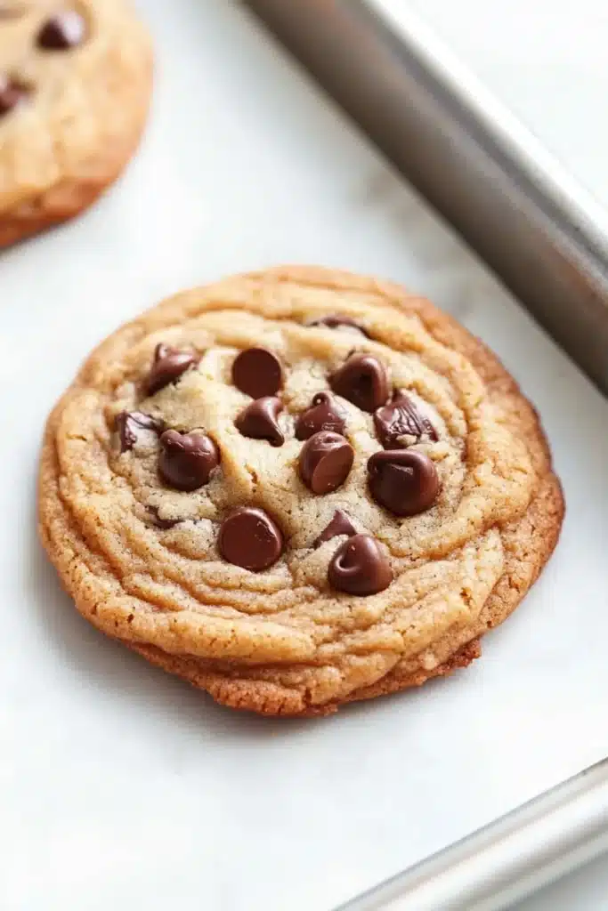 Chewy chocolate chip cookie - the image shows two freshly baked chocolate chip cookies on a baking tray. the cookies are round and golden brown in color, with chocolate chips scattered throughout. the tray is lined with parchment paper, and there is a metal rolling pin on the right side of the image. the background is blurred, but it appears to be a kitchen countertop.