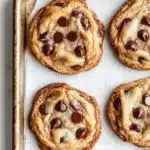 Chewy chocolate chip cookie - the image shows a baking tray lined with parchment paper. on the tray, there are six freshly baked chocolate chip cookies. the cookies are golden brown and have a crumbly texture. they are arranged in a single layer on the tray. the chocolate chips are scattered throughout the cookies, adding a pop of color and texture. the tray is placed on a white marble countertop.