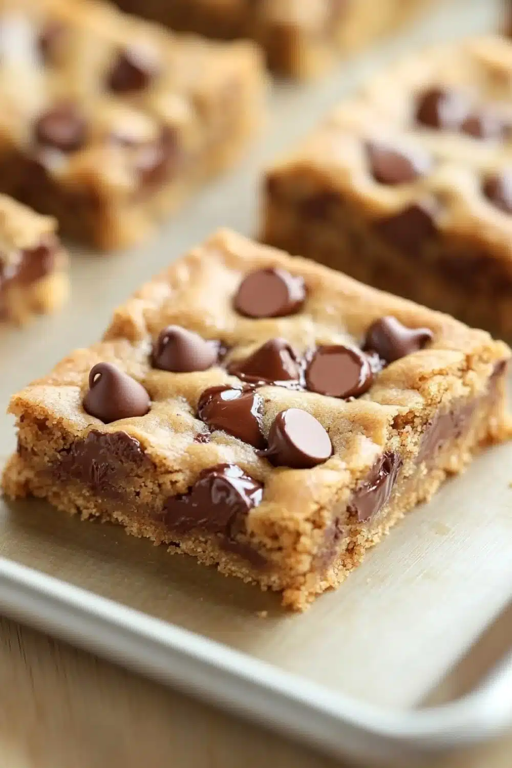 Chewy chocolate chip cookie bars - the image shows a close-up of a rectangular cookie bar on a baking tray. the cookie bar is golden brown in color and has a crumbly texture. it is topped with chocolate chips, giving it a shiny appearance. the tray is lined with parchment paper and there are other cookie bars visible in the background. the overall aesthetic of the image is rustic and appetizing.