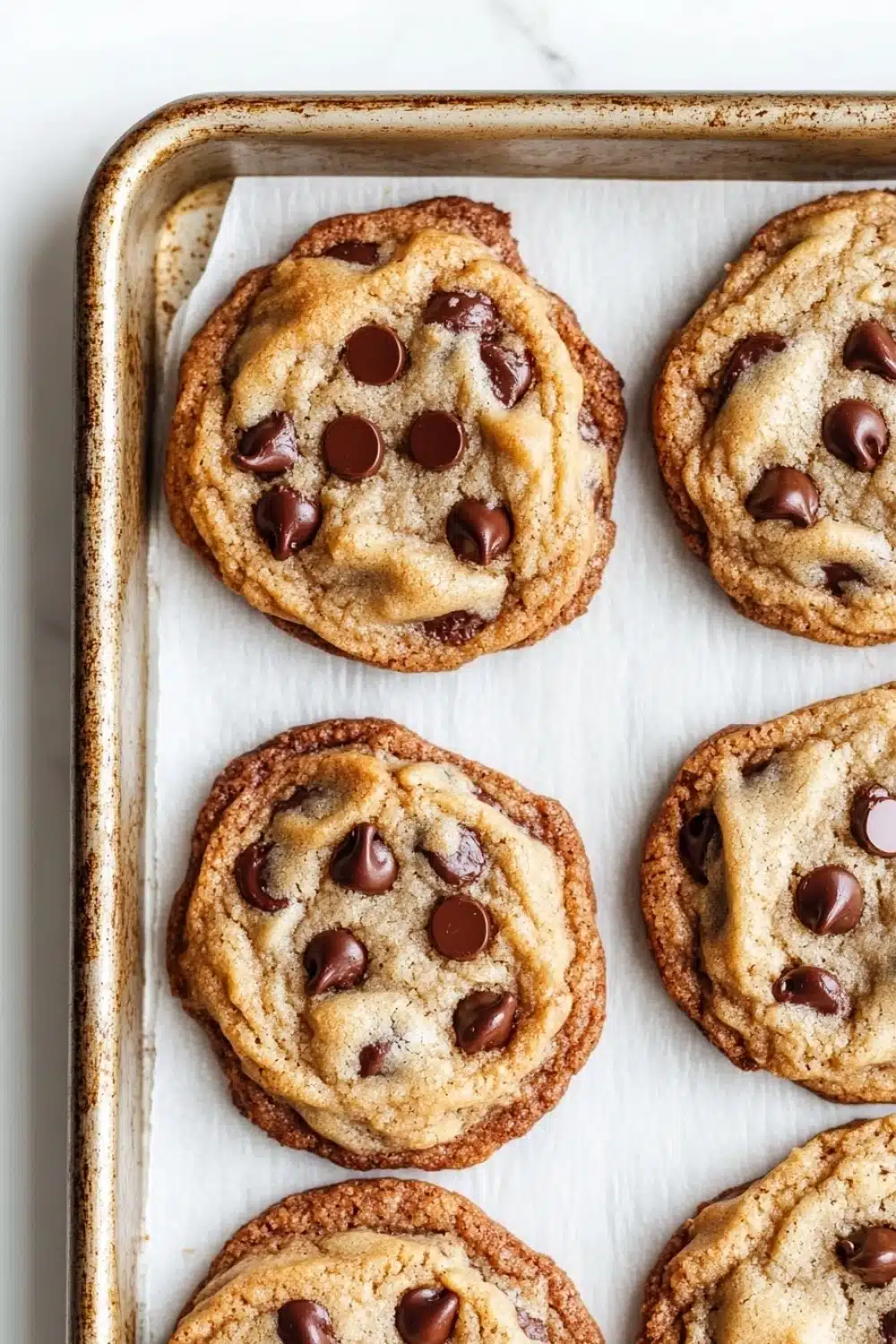Chewy chocolate chip cookie - the image shows a baking tray lined with parchment paper. on the tray, there are six freshly baked chocolate chip cookies. the cookies are golden brown and have a crumbly texture. they are arranged in a single layer on the tray. the chocolate chips are scattered throughout the cookies, adding a pop of color and texture. the tray is placed on a white marble countertop.