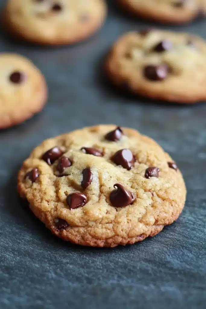 Chewy cookie - the image shows a group of freshly baked chocolate chip cookies on a dark grey surface. the cookies are round and golden brown in color, with chocolate chips scattered throughout. they are arranged in a scattered manner, with some overlapping each other. the background is blurred, but it appears to be a kitchen countertop. the overall mood of the image is warm and inviting.