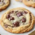 Chewy cookie - the image shows a close-up of a freshly baked chocolate chip cookie on a baking sheet. the cookie is round and golden brown in color, with a swirl pattern on top. it is covered in small chunks of chocolate chips, which are scattered throughout the cookie. the chocolate chips are dark brown and appear to be freshly baked. the baking sheet is lined with parchment paper, and there are a few more cookies visible in the background. the overall mood of the image is warm and inviting.