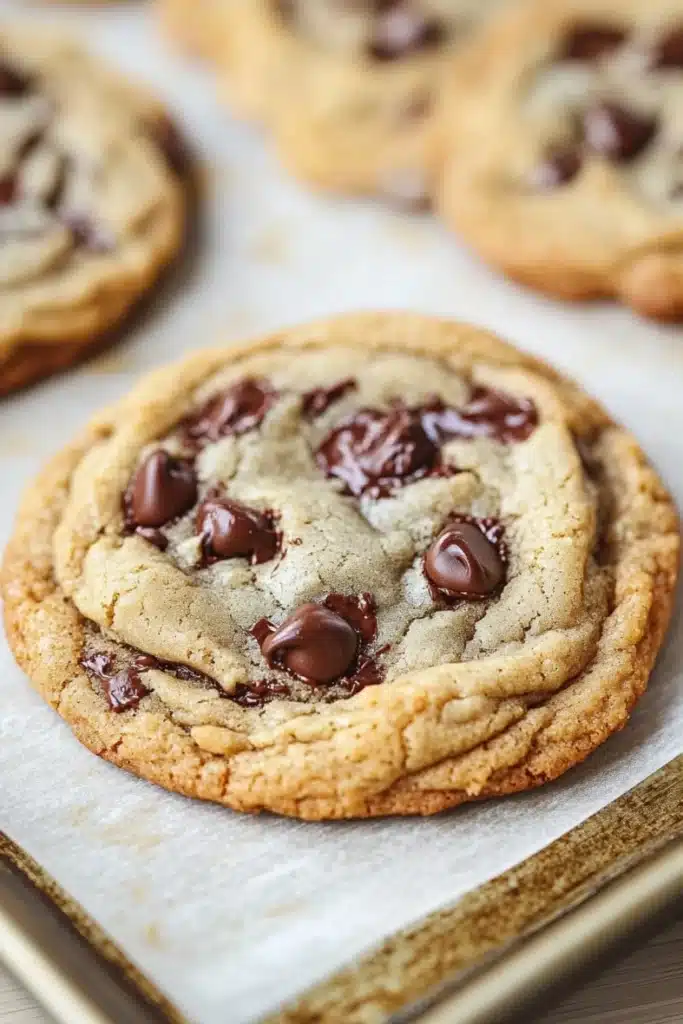 Chewy cookie - the image shows a close-up of a freshly baked chocolate chip cookie on a baking sheet. the cookie is round and golden brown in color, with a swirl pattern on top. it is covered in small chunks of chocolate chips, which are scattered throughout the cookie. the chocolate chips are dark brown and appear to be freshly baked. the baking sheet is lined with parchment paper, and there are a few more cookies visible in the background. the overall mood of the image is warm and inviting.