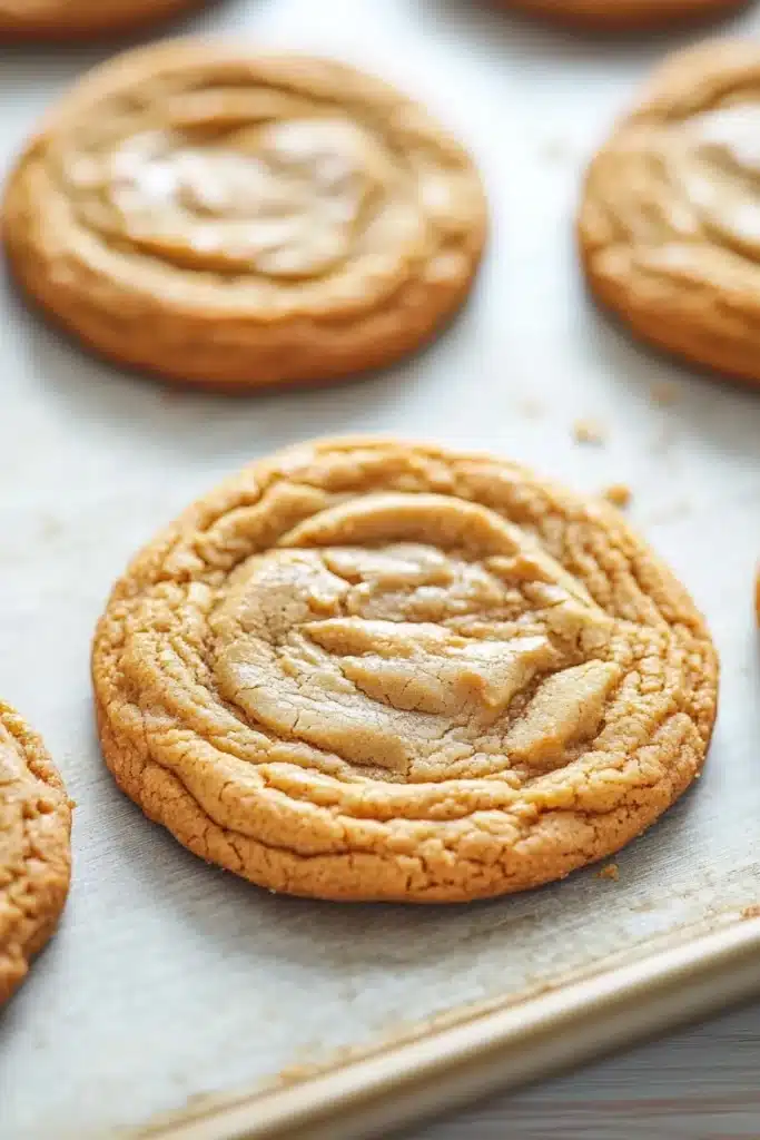 Chewy cookie base - the image shows a close-up of freshly baked peanut butter cookies on a baking sheet. the cookies are round and golden brown in color, with a swirl pattern on top. they are arranged in a single layer on the baking sheet, with some overlapping each other. the background is blurred, but it appears to be a wooden table or countertop. the overall mood of the image is warm and inviting.