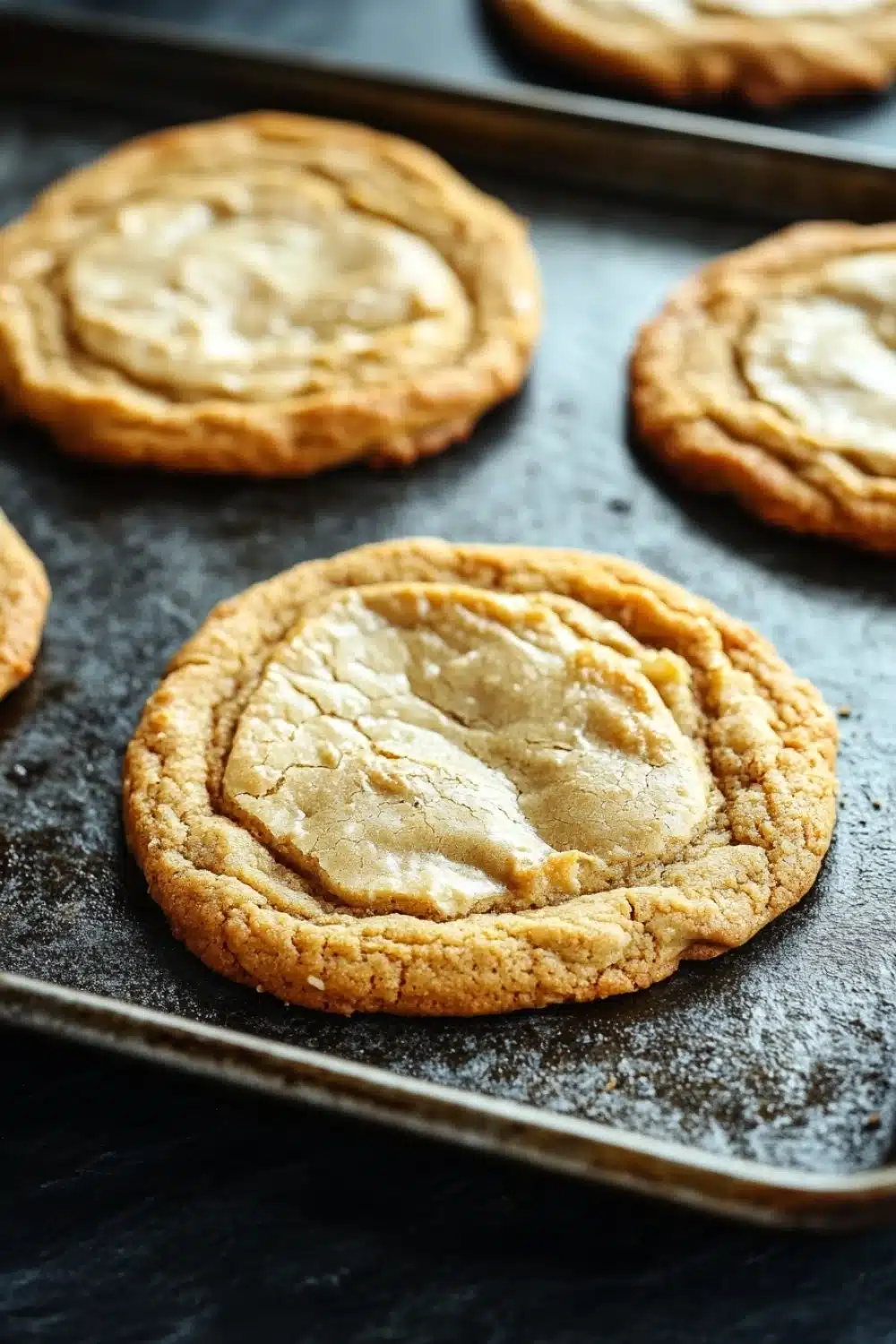 Chewy cookie base - the image shows a baking tray with six freshly baked cookies on it. the cookies are round and golden brown in color, with a crumbly texture on top. they are arranged in a row on the tray, with some overlapping each other. the tray is covered in a light dusting of powdered sugar, indicating that the cookies have been freshly baked. the background is dark, making the cookies stand out even more.