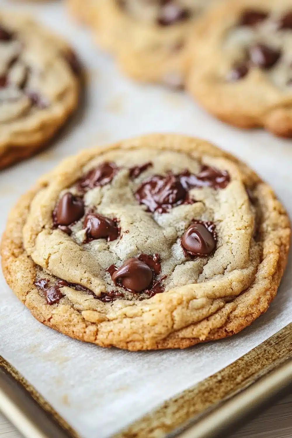 Chewy cookie - the image shows a close-up of a freshly baked chocolate chip cookie on a baking sheet. the cookie is round and golden brown in color, with a swirl pattern on top. it is covered in small chunks of chocolate chips, which are scattered throughout the cookie. the chocolate chips are dark brown and appear to be freshly baked. the baking sheet is lined with parchment paper, and there are a few more cookies visible in the background. the overall mood of the image is warm and inviting.