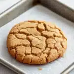 Chewy peanut butter cookie - the image shows a freshly baked cookie on a baking tray. the cookie is round and golden brown in color, with a criss-cross pattern on the surface. it appears to be freshly baked and has a slightly crisp texture. the tray is lined with parchment paper, and there are other cookies visible in the background. the background is a white countertop.