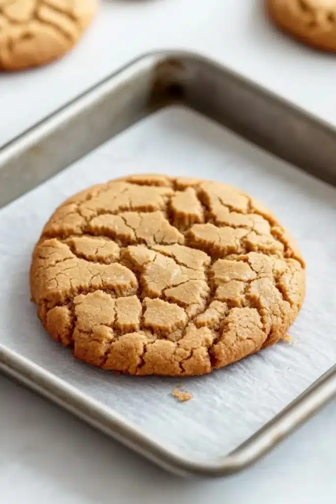 Chewy peanut butter cookie - the image shows a freshly baked cookie on a baking tray. the cookie is round and golden brown in color, with a criss-cross pattern on the surface. it appears to be freshly baked and has a slightly crisp texture. the tray is lined with parchment paper, and there are other cookies visible in the background. the background is a white countertop.
