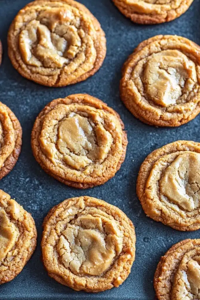 Chewy peanut butter cookie - the image shows a tray of freshly baked peanut butter cookies. the cookies are round and golden brown in color, with a crumbly texture on top. they are arranged in a circular pattern on a dark blue baking tray. some of the cookies have a swirl pattern on top, while others have a more rounded shape. the peanut butter filling is visible in the center of each cookie, creating a smooth and creamy texture. the tray appears to be lined with parchment paper.