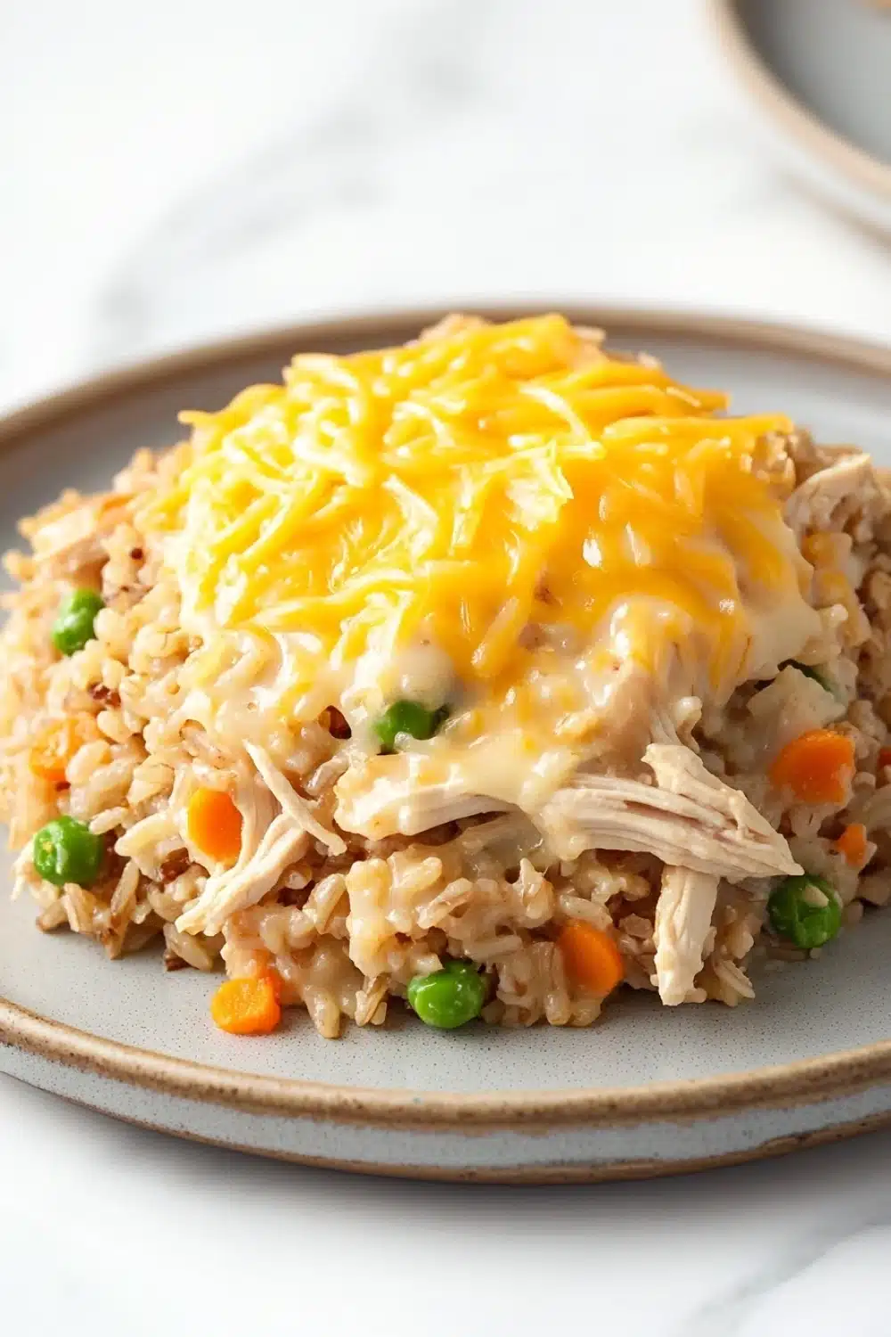 Chicken and brown rice casserole - the image shows a plate of fried rice with shredded chicken and peas. the rice appears to be cooked and has a golden brown color. the chicken is cut into small pieces and is covered in a layer of melted cheese. the peas are bright green and are scattered throughout the dish. the dish is served on a light blue plate with a white marble countertop in the background.