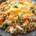Chicken and brown rice casserole - the image shows a plate of fried rice with chicken and vegetables. the rice is a light brown color and appears to be cooked until it is soft and fluffy. the chicken is cut into small pieces and is scattered throughout the dish. the vegetables include carrots, peas, and green onions. the dish is topped with a layer of melted cheese, which is a bright yellow color. the plate is dark brown and has a textured surface. the background is blurred, but it seems to be a kitchen countertop.