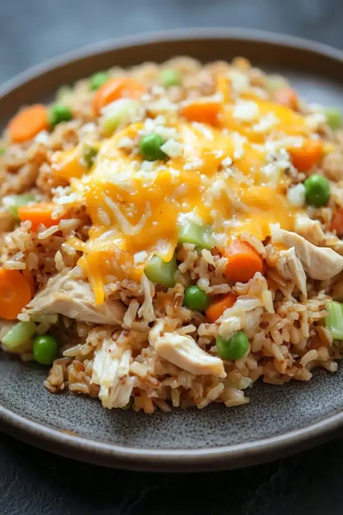 Chicken and brown rice casserole - the image shows a plate of fried rice with chicken and vegetables. the rice is a light brown color and appears to be cooked until it is soft and fluffy. the chicken is cut into small pieces and is scattered throughout the dish. the vegetables include carrots, peas, and green onions. the dish is topped with a layer of melted cheese, which is a bright yellow color. the plate is dark brown and has a textured surface. the background is blurred, but it seems to be a kitchen countertop.