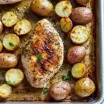 Chicken breast and potatoes - the image shows a baking tray with two pieces of grilled chicken and roasted potatoes. the chicken is golden brown and appears to be seasoned with herbs and spices. the potatoes are small and round, and they are arranged in a single layer on the tray. the tray is lined with parchment paper and is placed on a wooden table. the overall appearance of the dish is savory and appetizing.