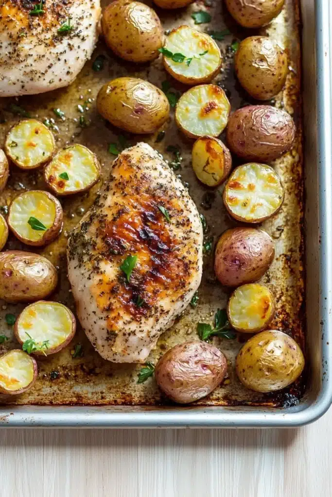Chicken breast and potatoes - the image shows a baking tray with two pieces of grilled chicken and roasted potatoes. the chicken is golden brown and appears to be seasoned with herbs and spices. the potatoes are small and round, and they are arranged in a single layer on the tray. the tray is lined with parchment paper and is placed on a wooden table. the overall appearance of the dish is savory and appetizing.