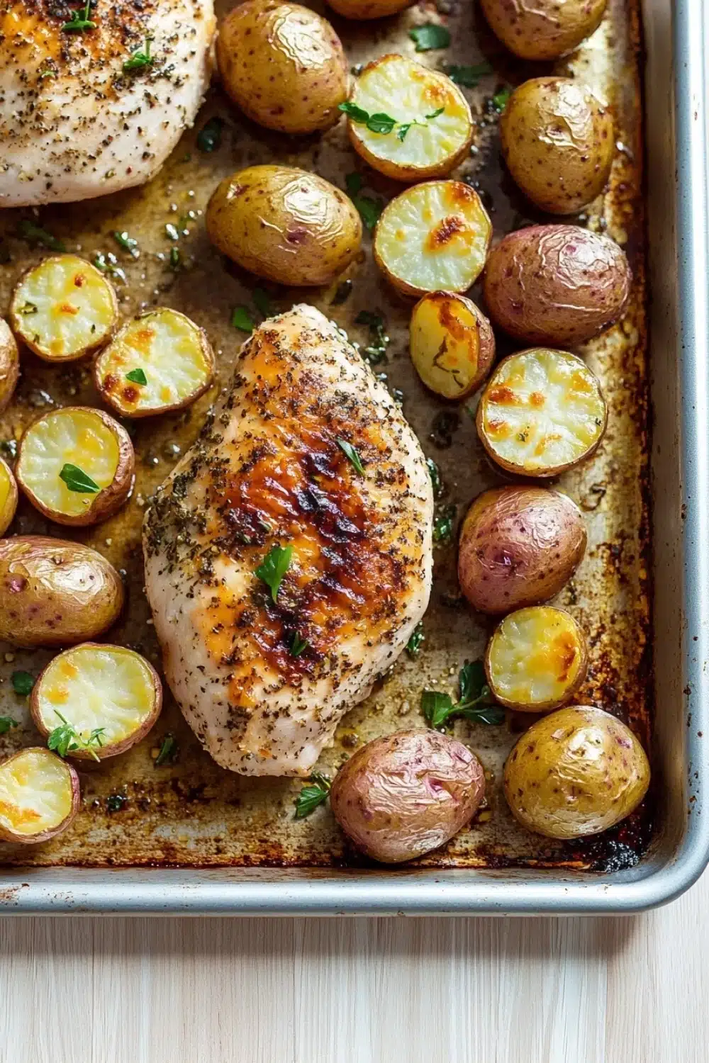 Chicken breast and potatoes - the image shows a baking tray with two pieces of grilled chicken and roasted potatoes. the chicken is golden brown and appears to be seasoned with herbs and spices. the potatoes are small and round, and they are arranged in a single layer on the tray. the tray is lined with parchment paper and is placed on a wooden table. the overall appearance of the dish is savory and appetizing.