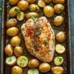 Chicken breast and potatoes - the image shows a rectangular baking tray with a piece of grilled chicken on it. the chicken is golden brown and appears to be seasoned with herbs and spices. around the chicken, there are small potatoes that are arranged in a single layer on the tray. the potatoes are golden brown in color and have a crispy texture. the tray is garnished with a sprig of fresh parsley. the background is a dark grey countertop.