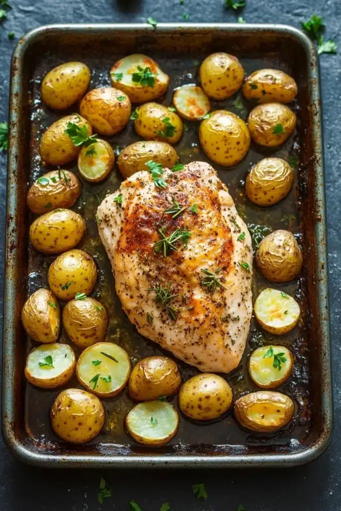 Chicken breast and potatoes - the image shows a rectangular baking tray with a piece of grilled chicken on it. the chicken is golden brown and appears to be seasoned with herbs and spices. around the chicken, there are small potatoes that are arranged in a single layer on the tray. the potatoes are golden brown in color and have a crispy texture. the tray is garnished with a sprig of fresh parsley. the background is a dark grey countertop.