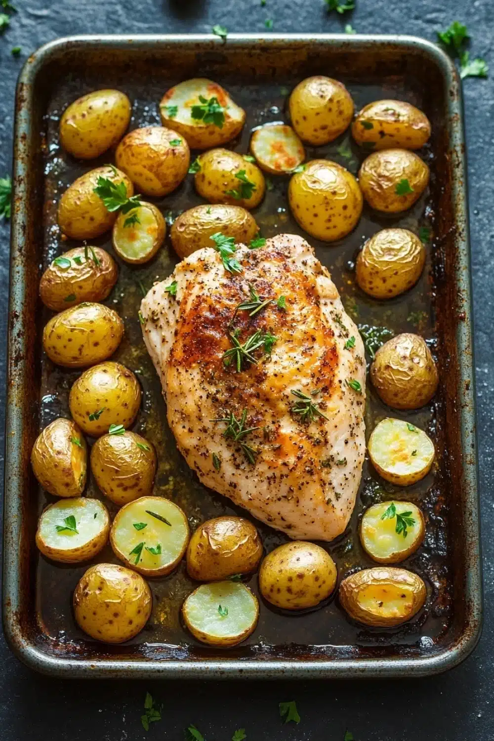 Chicken breast and potatoes - the image shows a rectangular baking tray with a piece of grilled chicken on it. the chicken is golden brown and appears to be seasoned with herbs and spices. around the chicken, there are small potatoes that are arranged in a single layer on the tray. the potatoes are golden brown in color and have a crispy texture. the tray is garnished with a sprig of fresh parsley. the background is a dark grey countertop.